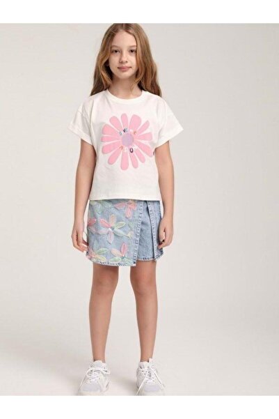 Zekids Fusta scurtă cu design brodat cu flori pentru fete