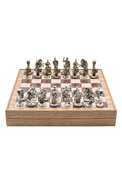 Cooper Chess 36cm Meşe Desenli Ahşap Kutulu, Altın Metal Roma Kalkanlı Asker ...