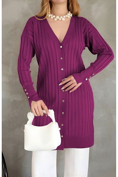 Modamorfo Metal Buttoned Slit Knitwear Cardigan - Fuchsia