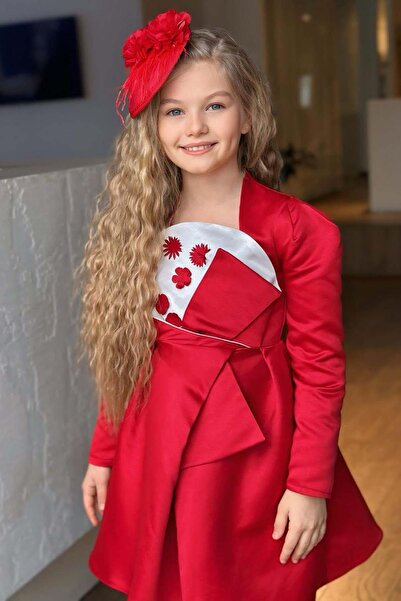 Riccotarz Girl's Square Neck Chest Panel Flower Asymmetrical Cut Red Dress