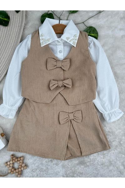 Minizade Premium Festive Stylish 3-Person Girl's Suit Skirted Vest Shorts