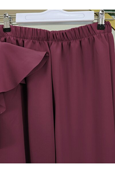 Modamorfo Button Detailed Stand Collar Scuba Suit with Ruffles on the Shoulders - Burgundy