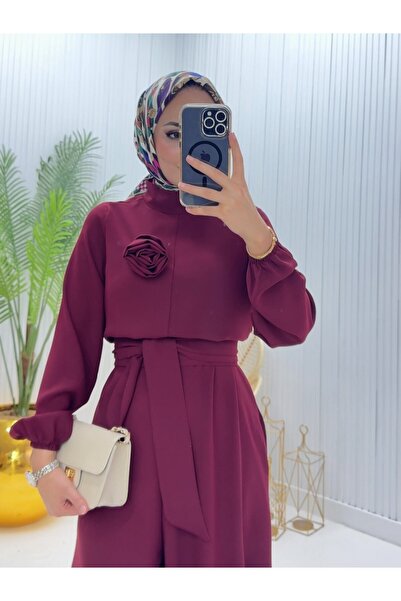 Modamorfo Stand Collar Belted Rose Jumpsuit - Burgundy