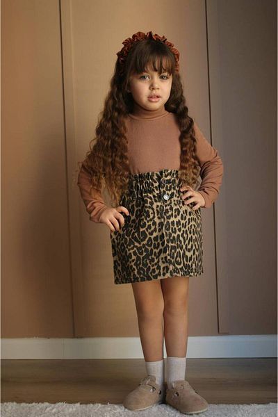 CANDA Girl's Turtleneck Leopard Skirt Bottom-Top Set