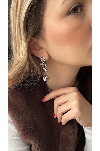 FASION JEWELLERY Silver saç örgü ucu top sallantılı büyük küpe