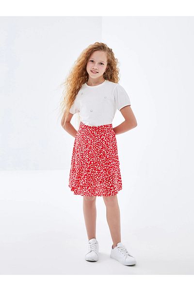 LC Waikiki Fusta pentru fetiță cu flori LCW Kids RED cu talie elastică