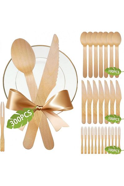 MEISHANG Set of 300 MEISHANG cutlery, wood, natural, 9 -14 cm