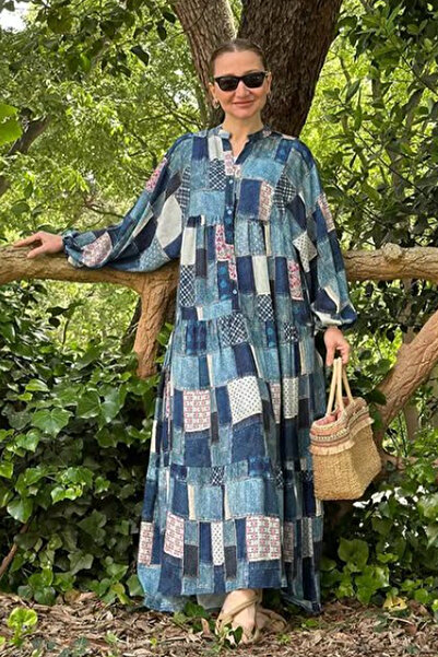 AYASOFYA OTANTIK Kadın İndigo Mavi Düğmeli Hakim Yakalı Denim Jean Görünümlü Patchwork Balon Kolu Uzun Elbise