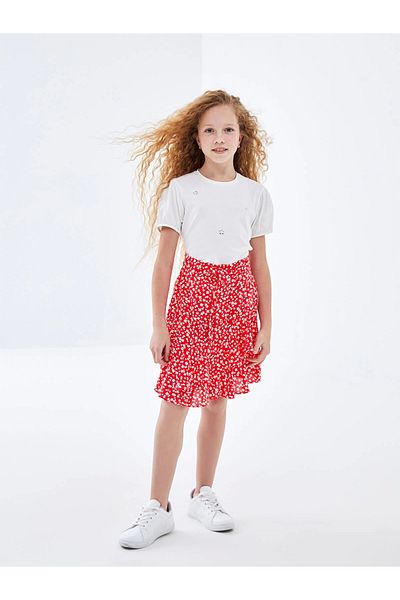 LC Waikiki Fusta pentru fetiță cu flori LCW Kids RED cu talie elastică
