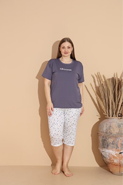 makkash Women's Summer Short Sleeve Bermuda Milan Fabric Large Size Oversize Bamboo Anthracite Pajama Set