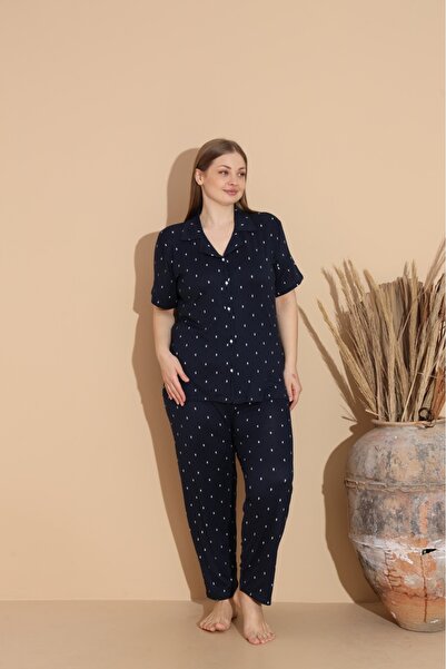 makkash Soft Textured Milan Fabric Front Buttoned Large Size Navy Blue Polka Dot Women's Pajama Set