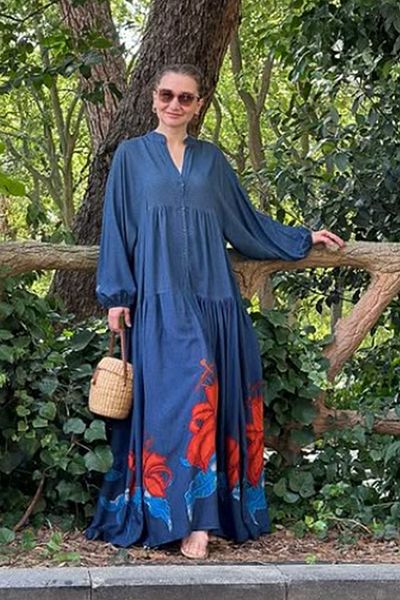 AYASOFYA OTANTIK Women's Navy Blue Buttoned Judge Collar Skirt Patterned Balloon Sleeve Long Dress