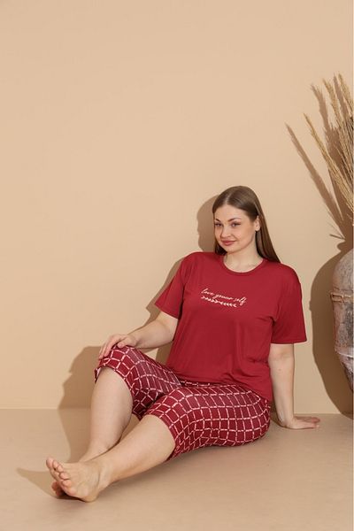 makkash Women's Summer Short Sleeve Bermuda Milan Fabric Large Size Oversize Bamboo Claret Red Pajama Set