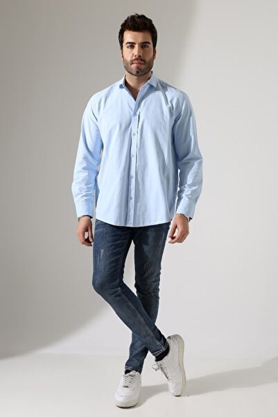 Peille Plus Size Men's Cotton Tamre Fabric Light Blue Color Shirt Without Pockets