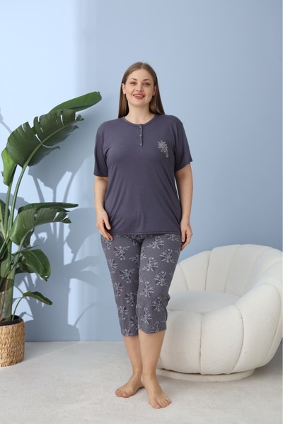 makkash Women's Summer Short Sleeve Bermuda Bamboo Fabric Large Size Oversize Bamboo Navy Blue Pajama Set