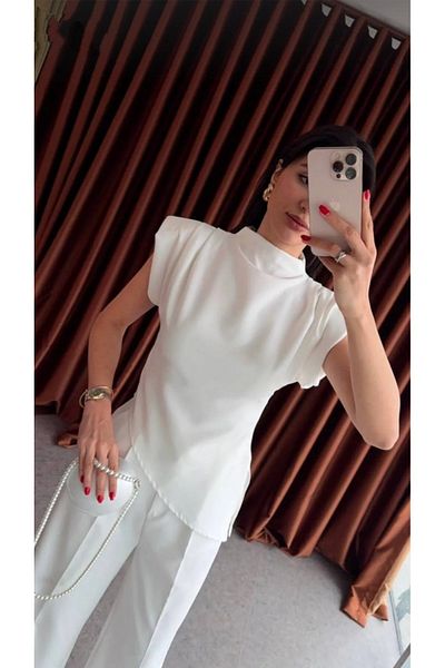 Safgiyim44 Asymmetrical Cut Sandy Fabric Blouse with Padded Shoulder