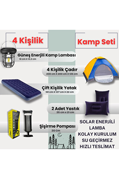 post alley 4 Kişilik Kolay Kurulumlu Kamp Çadırı + Çift Kişilik Şişme Yatak S...