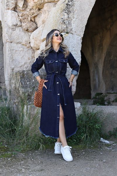 bytugcekaya Rochie de jeans cu buzunare cu curea lungă bleumarin