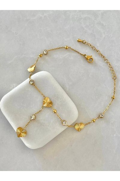 SU PERİSİ TAKI BİJUTERİ Steel Gold Cutout Heart Detailed Anklet