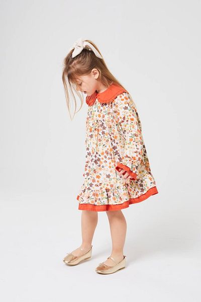 Elidabutik Orange Crispy Flower Patterned Bebe Collar Dress