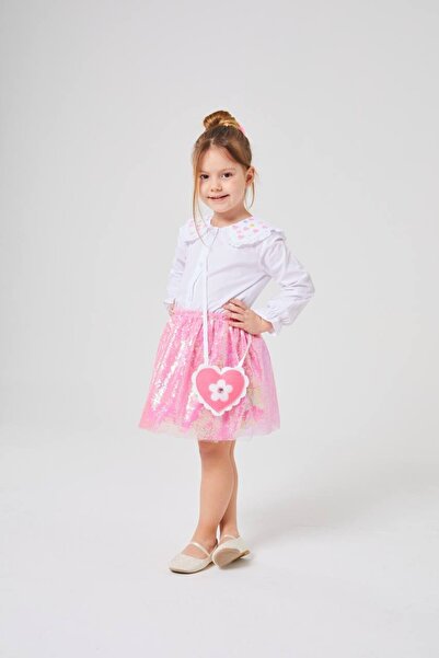 Elidabutik Heart Embroidered Sequined Skirt + Shirt + Bag Set with Sequins on the Collar