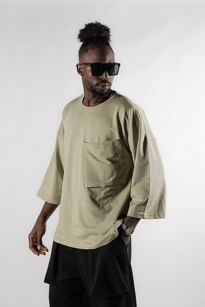 Superbluemexico Ανδρικό ρετρό μπλουζάκι με τσέπη Crew Neck Khaki