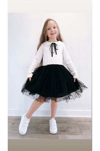 Şirin Şeyler Butiği Perla Rochie Tutu Pufoasă Prințesă Fete Mânecă Lungă Guler Bebe Lycra Elastic Negru Alb