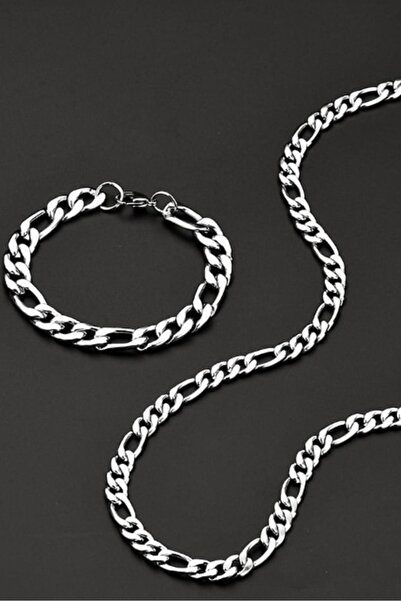 hediyeall Çelik Erkek Bileklik Ve Kolye Zincir Set Gümüş Kaplama Takı Seti