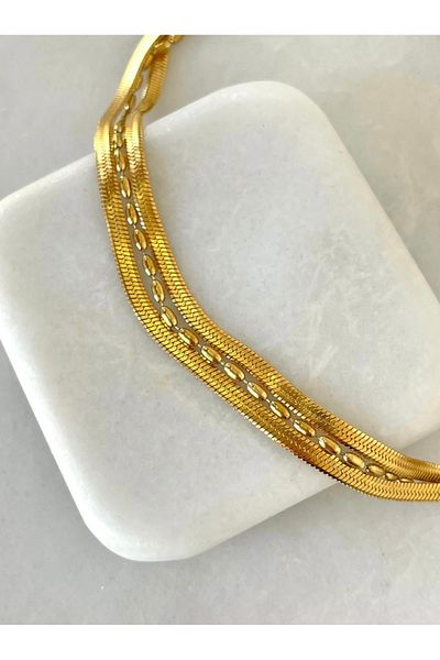SU PERİSİ TAKI BİJUTERİ Steel Gold 3 Row Italian Chain and Dorica Anklet