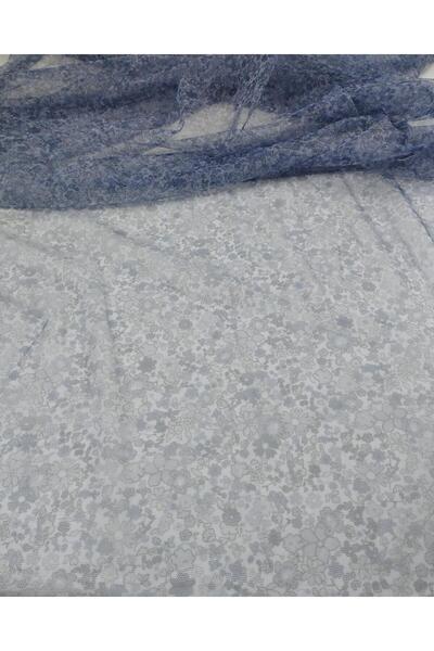 Kumaş Parça Mavi Çiçekli Tül En: 140