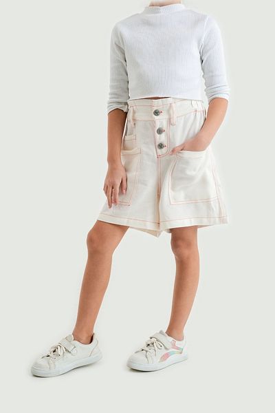 GİYİCEM TEKSTİL Pantaloni scurți de in pentru fete cu buzunare în partea de sus 2841