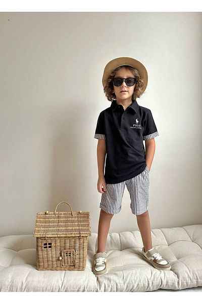 Baby Eid Polo Collar Striped Shorts Men's Set Eid Stylish Casual