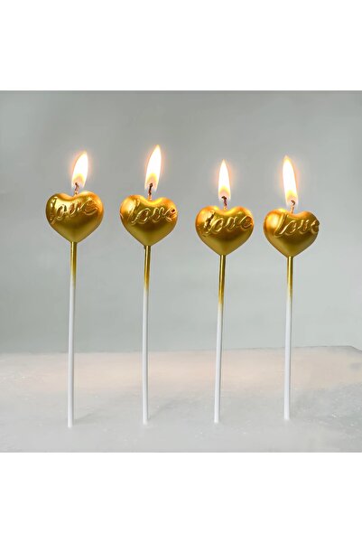 BKMC PARTY DOĞUM GÜNÜ MUMLAR 4 LÜ ÇUBUKLU LOVE KALP GOLD MUM AŞK ŞEKİLLİ MUMLAR