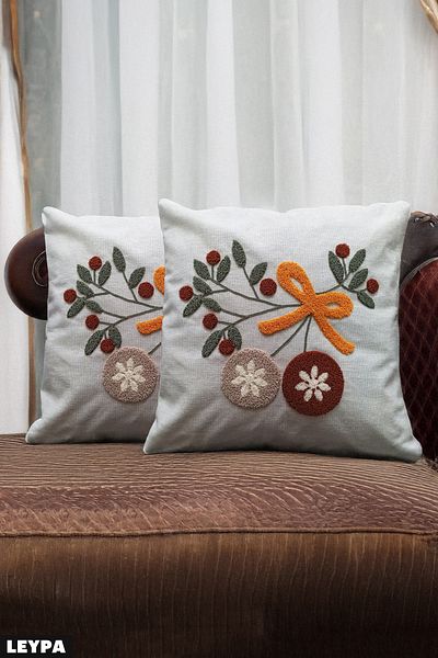 Leypa Pack of 2 Cherry Punch Embroidered Linen Throw Pillow Covers - Burgundy Color Ponch Embroidered Decorative Pillowcases