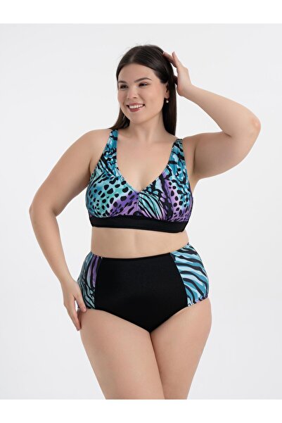 AQUAVİVA Aquaviva Women's Plus Size Black Saks Purple Mixed Pattern Nadide Bikini Set