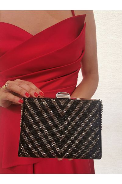 NAZART Γυναικείο πέτρινο μαύρο βραδινό φόρεμα Clutch Chain Strap Hand Wedding Engagement Night Shoulder Bag