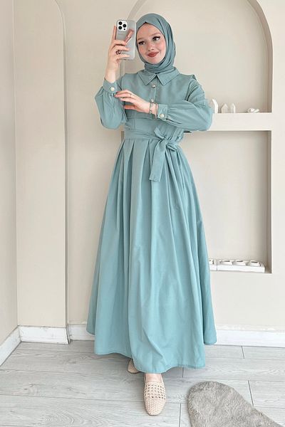 ButikMoor Mo336 Turquoise Dress with Collar Detail