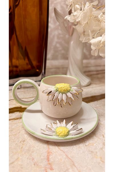 Port Aksesuar Daisy Designed 24K Gold Decorated Handmade Ceramic Cup 120ml