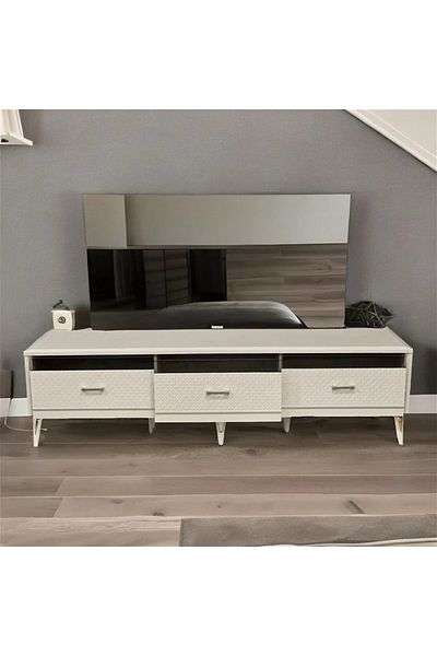 House One TV Table|Modern MDF TV Cabinet With Drawers and Storage Capacity Suitable-White-47x180x48cm