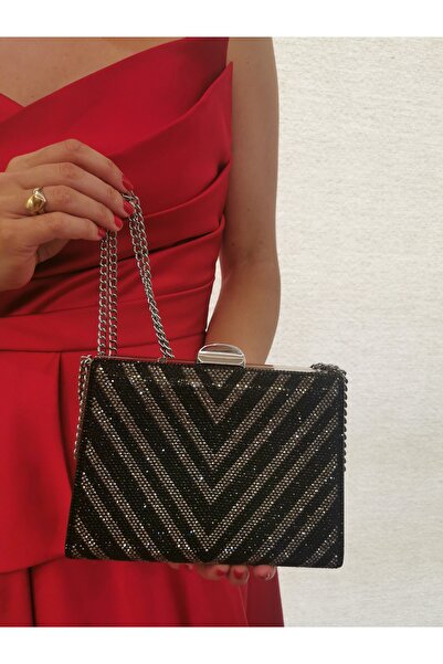 NAZART Γυναικείο πέτρινο μαύρο βραδινό φόρεμα Clutch Chain Strap Hand Wedding Engagement Night Shoulder Bag