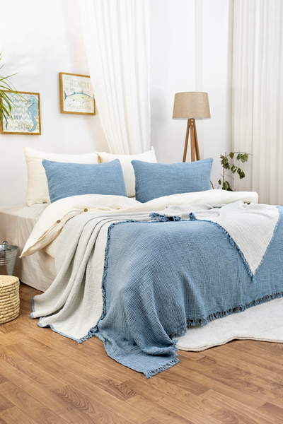 YASEMİNİNEVİ Petrol Muslin Bedspread Pike (200X230Cm) + 2 Pillowcases