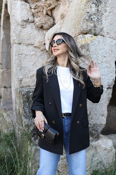 bytugcekaya Black Sleeve Layered Gold Button Blazer