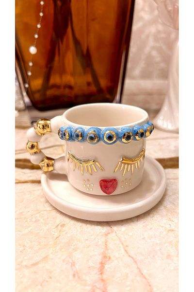 Port Aksesuar Evil Eye Crown Ornate Girl 24K Gold Decorated Handmade Ceramic Cup 120ml