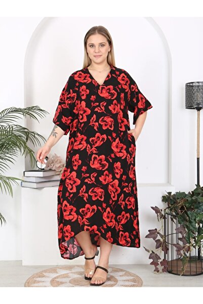 MODA Women's Plus Size Pocketed V-Neck Woven Viscose Dress