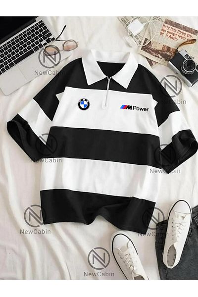 NewCabin Tricou polo cu fermoar din țesătură Vortex cu imprimeu BMW de sezon nou