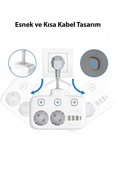 Yellowtech USB’li 3’lü Priz – 20W Hızlı Şarj – 1 Type-C + 3 USB Çıkış – PD & QC 3.0 Destekli Çoklu Priz