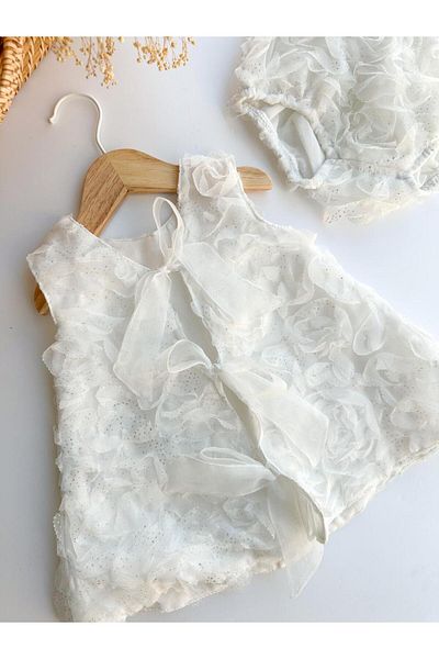 PİTABABY 2-Piece Glittery White Rose Motif Girl's Dress
