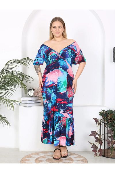 MODA Kruvaze Collar Skirt Ruffle Flexible Viscosin Women's Plus Size Dress