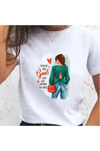 THİS GYOX Women's Printed Detail Oversize Bol Cut T-Shirt with Cycling Neck