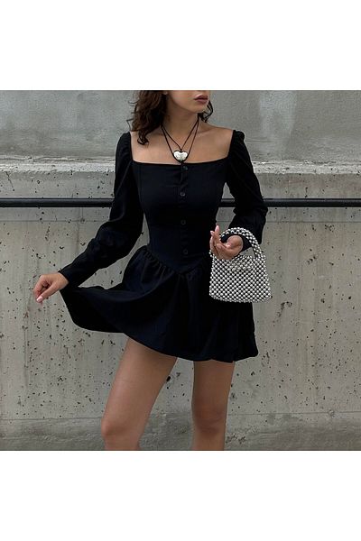 DarkellaStore Gothic Harajuku Black Lace up Button Long Sleeve Mini Dress